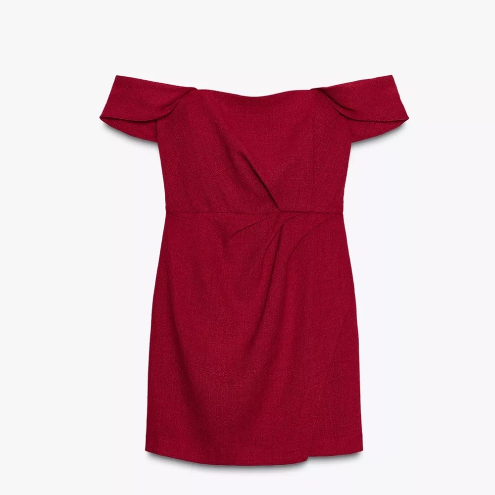 Zara NWT cherry red asymmetrical ruched mini dress - Picture 6 of 9